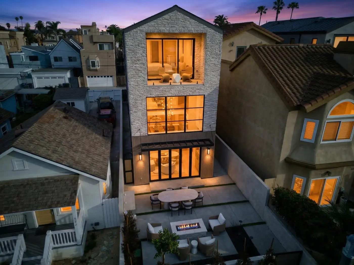Twilight drone aerial · Orange County luxury home