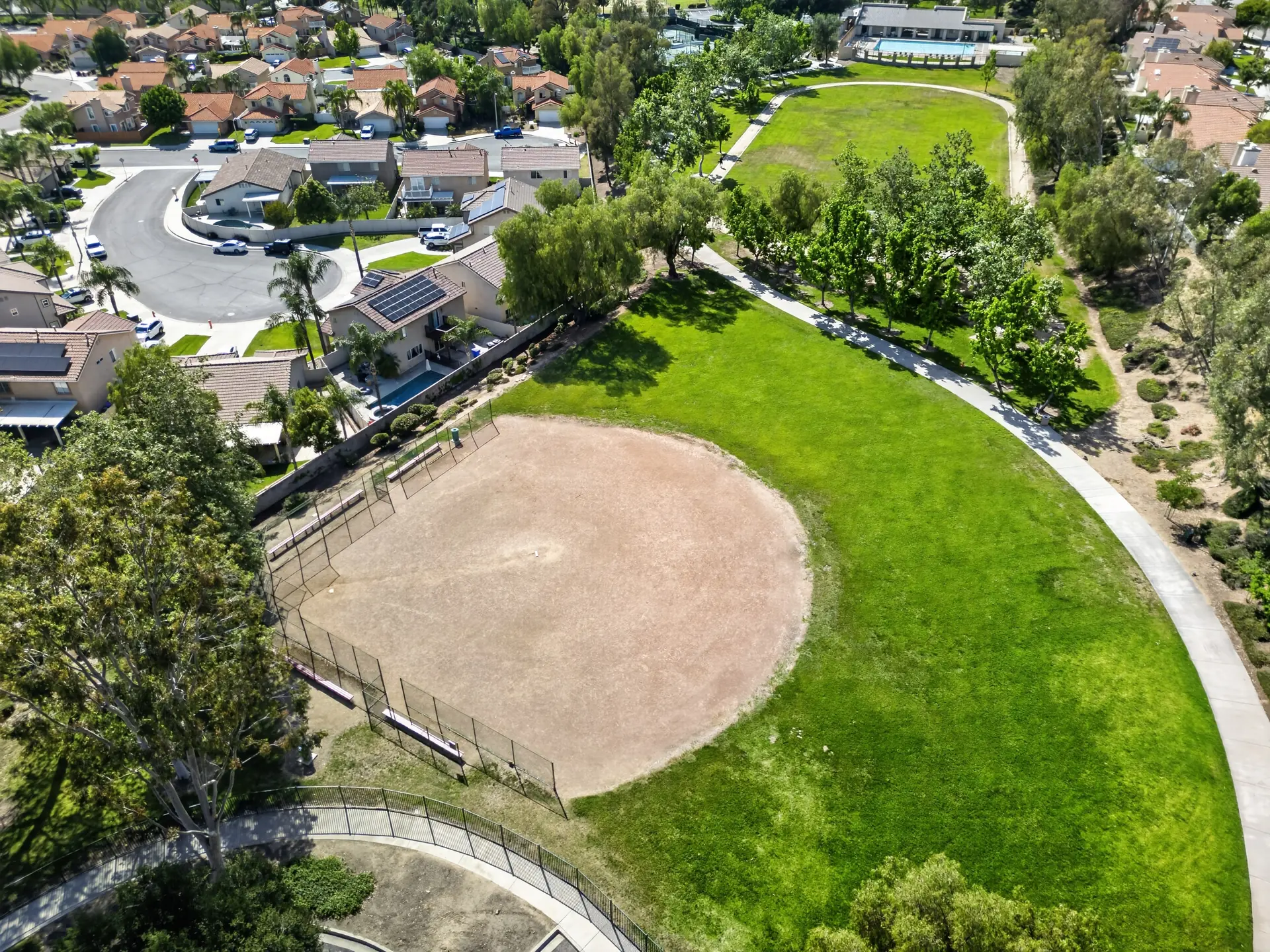 Aerial drone photo of community baseball field and park