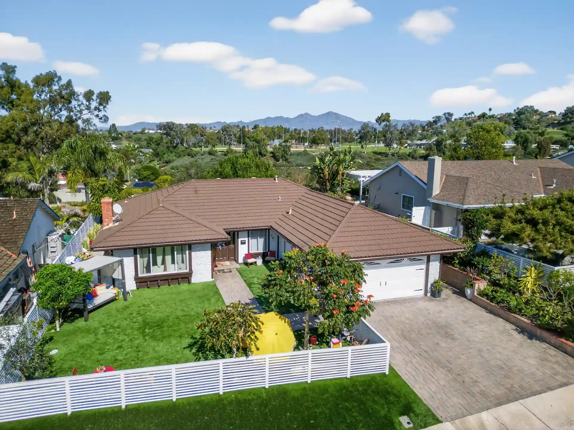 Drone aerial view of Inland Empire home with mountain backdrop