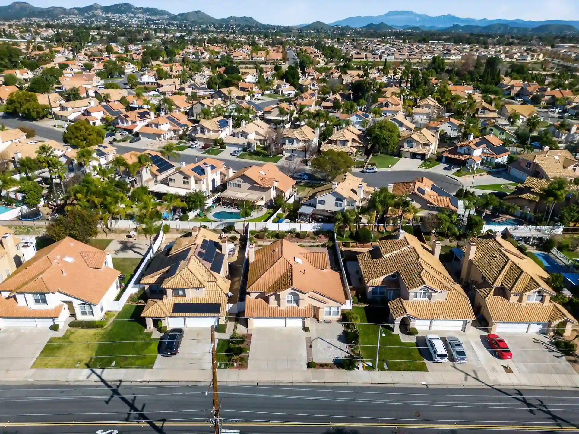 Wide neighborhood aerial drone photo Southern California real estate